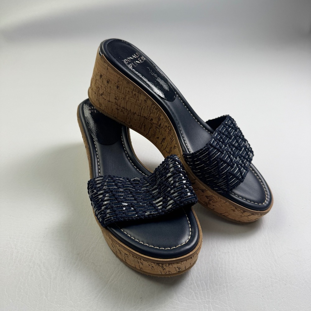 Donald Pliner Alleach Navy Crochet Cork Wedge Sandals Womens 10M Platform Slides